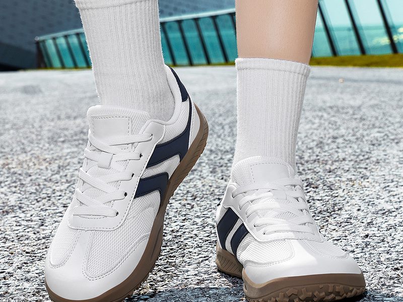 Wide toe box retro trainer on foot